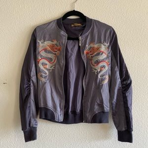Silky Gray Bomber with Snake/Dragon Embroidery - S